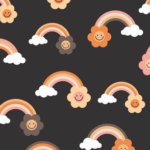 Smiley rainbow flower power vintage style seventies rainbows and flowers orange brown on charcoal gray