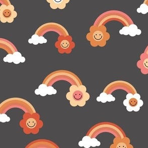 Smiley rainbow flower power vintage style seventies rainbows and flowers orange pink red on charcoal