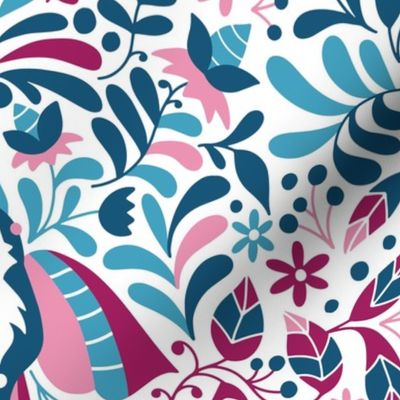 Large maximalist folk art birds and botanicals teal pink