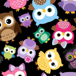 colorful owls on black