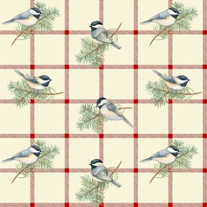 Chickadees  on red plaid