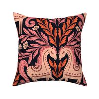 Folk Horses Damask | Jumbo Scale | Scandi Orange Pink Horse