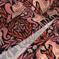 Folk Horses Damask | Jumbo Scale | Scandi Orange Pink Horse