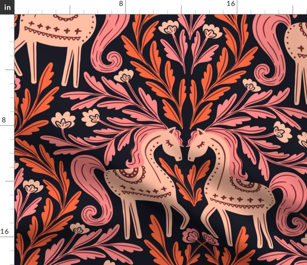 Folk Horses Damask | Jumbo Scale | Scandi Orange Pink Horse