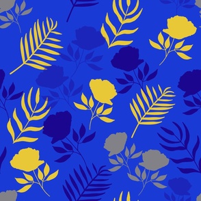 Modern Blue, Yellow Floral Pattern with the Roses and Botanical Leaves