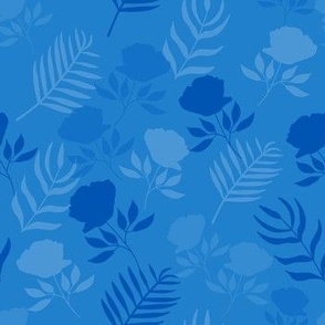 Modern Soft Blue Pattern with the Roses and Botanical Leaves
