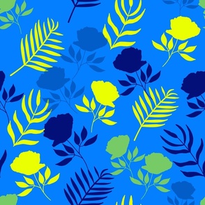 Modern Yellow  and Blue Floral Pattern with the Roses and Botanical Leaves