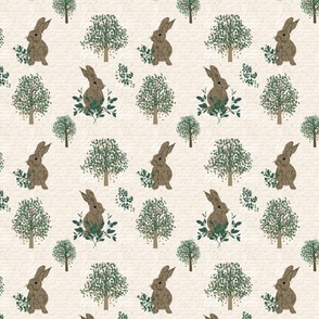 Spring bunnies and trees in beige and green. Super cute design if you like rabbits.