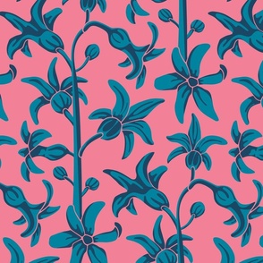 Hyacinths Vintage Cottagecore Floral Botanical in Bright Indigo and Dark Navy Blue on Hot Pink - MEDIUM Scale - UnBlink Studio Jackie Tahara