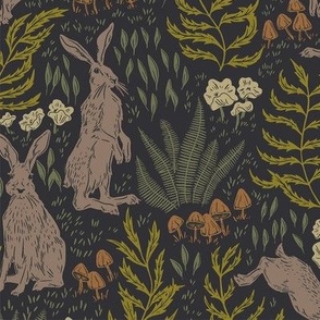 Folk Hares and Ferns ©TaraLanglois (24" Repeat)
