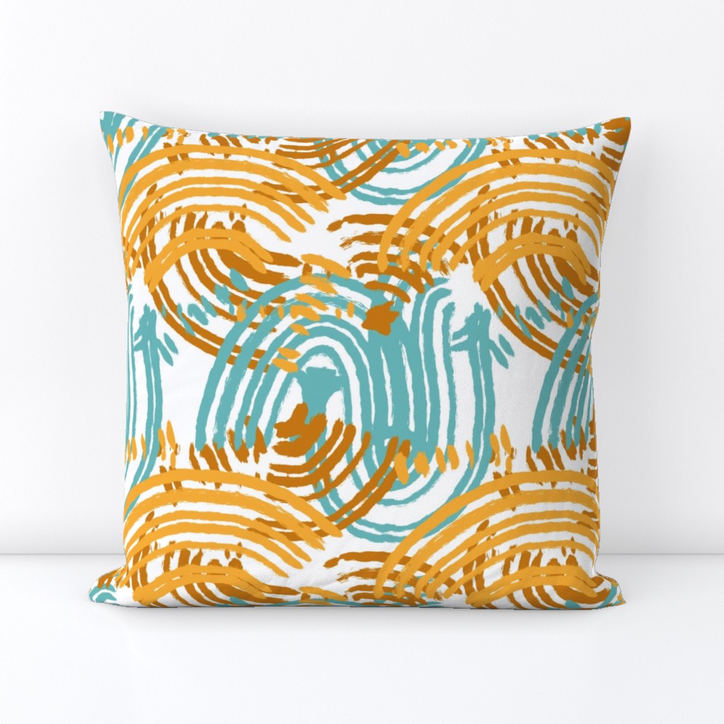 Abstract Painter Strokes On A White Canvas In Teal Blue, Mustard Yellow And Copper