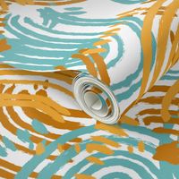 Abstract Painter Strokes On A White Canvas In Teal Blue, Mustard Yellow And Copper