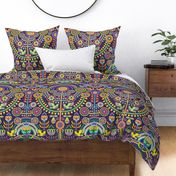 Maximalist Folk Art Large- Multicolored Dark Background Wallpaper- Navy Blue- Geometric Scandinavian- Mexican- Folklore- Flowers- Birds- Tree of Life