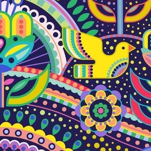 Maximalist Folk Art Large- Multicolored Dark Background Wallpaper- Navy Blue- Geometric Scandinavian- Mexican- Folklore- Flowers- Birds- Tree of Life