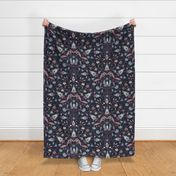 floral folk blue and coral on navy