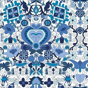 Slovak Folk Maximalist Embroidery in Tonal Delft Blue + White