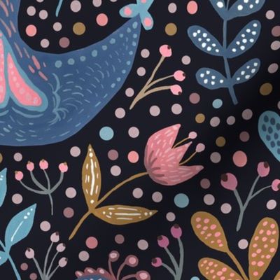 Folk Art Chickens and Flowers and Dots - Large Scale - Hand Painted - Scandinavian Dark Wallpaper