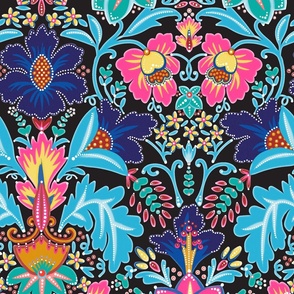 hand painted floral damask on black, neo-baroque