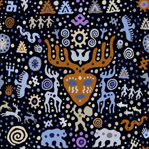Shaman Deer Fertility Ritual - Design 12902061 - Black Blue Ivory