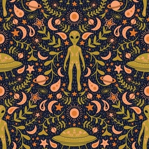 Folk Art Alien in Olive Green & Peach