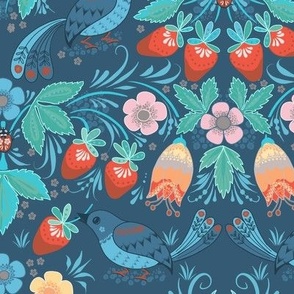 (M/teal) Strawberry Thief Folksy Style on Blue  / Maximalist Folk Design Challenge / Blue Teal / 12x12 in medium scale   