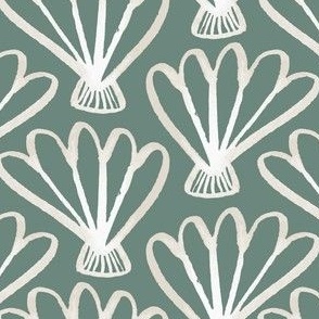 hand drawn coastal scallop shell in a geometric pattern on sage green.  perfect for kids apparel