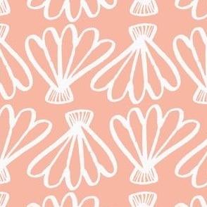 hand drawn coastal scallop shell in a geometric pattern on coral pink.  perfect for kids apparel