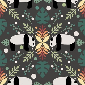 Maximalist Folk Pattern Pandas on Gray