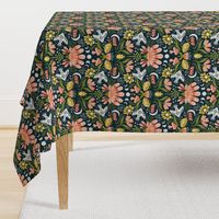 Folk Florals and Birds - Medium - Navy Background