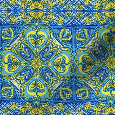 Filigree Hearts of Gold and Sapphire Border Stripe - Large Scale