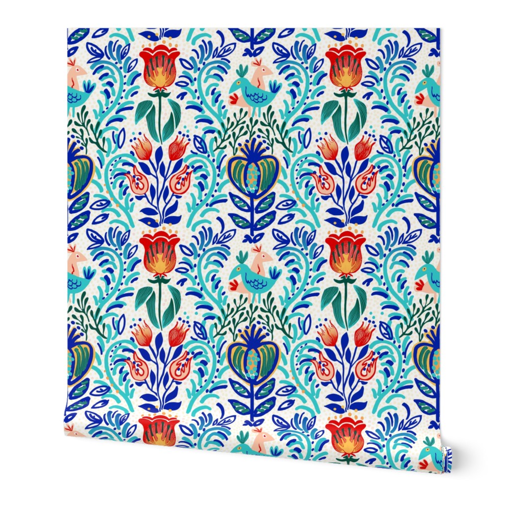 Scandi folk birds and tulips blue/ white