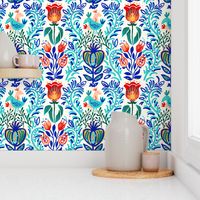 Scandi folk birds and tulips blue/ white