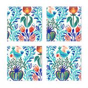 Scandi folk birds and tulips blue/ white