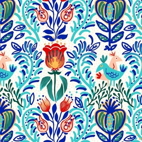 Scandi folk birds and tulips blue/white