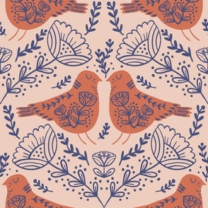 Maximalist Folk birds and flowers in navy and orange