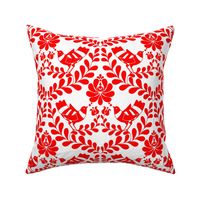 Red Folk Design with doves and tulips in diamond shape 