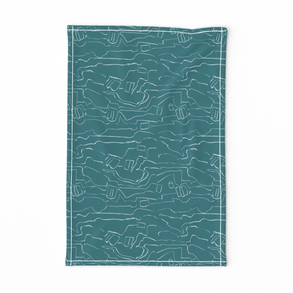 White line drawing, zig zag abstract landscape, teal blue