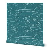 White line drawing, zig zag abstract landscape, teal blue
