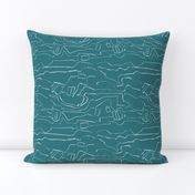 White line drawing, zig zag abstract landscape, teal blue