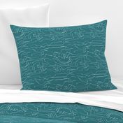 White line drawing, zig zag abstract landscape, teal blue