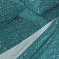 White line drawing, zig zag abstract landscape, teal blue