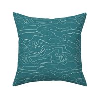 White line drawing, zig zag abstract landscape, teal blue