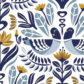 Large jumbo scale // Maximalist folk pigeons // white background pastel and bali hai blue pigeons and foliage mustard yellow flowers lucky point navy blue details