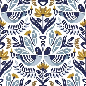 Normal scale // Maximalist folk pigeons // white background pastel and bali hai blue pigeons and foliage mustard yellow flowers lucky point navy blue details
