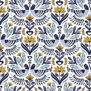 Small scale // Maximalist folk pigeons // white background pastel and bali hai blue pigeons and foliage mustard yellow flowers lucky point navy blue details