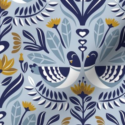 Normal scale // Maximalist folk pigeons // pastel blue background bali hai blue pigeons and foliage mustard yellow flowers lucky point navy blue details