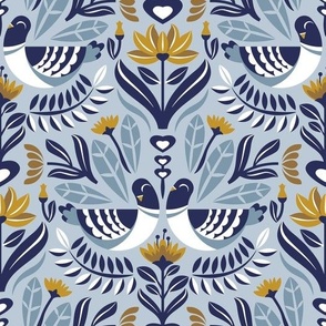 Normal scale // Maximalist folk pigeons // pastel blue background bali hai blue pigeons and foliage mustard yellow flowers lucky point navy blue details