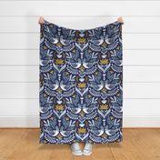 Large jumbo scale // Maximalist folk pigeons // lucky point navy blue background pastel and bali hai blue pigeons and foliage mustard yellow flowers