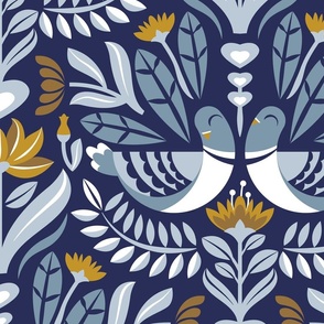 Large jumbo scale // Maximalist folk pigeons // lucky point navy blue background pastel and bali hai blue pigeons and foliage mustard yellow flowers