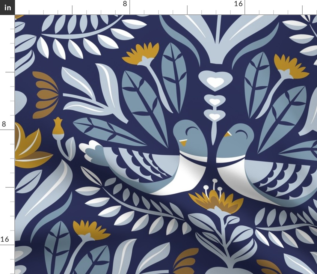 Large jumbo scale // Maximalist folk pigeons // lucky point navy blue background pastel and bali hai blue pigeons and foliage mustard yellow flowers